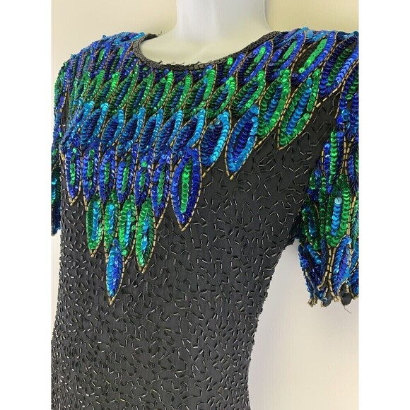 Stenay Silk Beaded Dress Sheath Short Sleeves Blue Black Peacock Feathers Size 6 - Picture 4 of 16